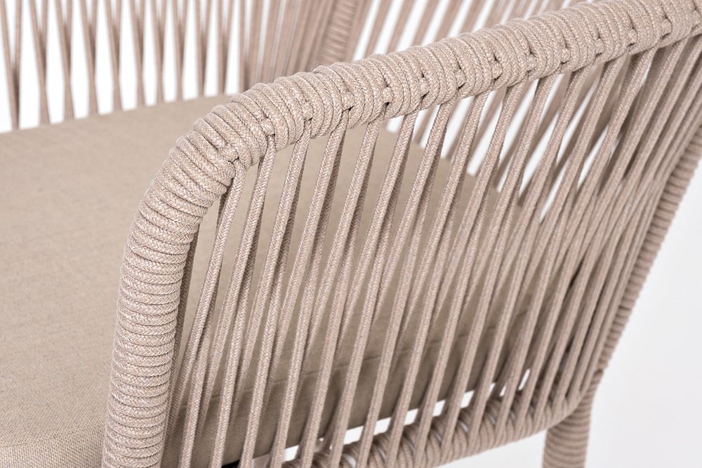 "Марсель" стул барный плетеный из роупа, каркас из стали белый муар, роуп бежевый круглый, ткань бежевая 15052