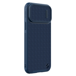 Чехол синего цвета для iPhone 13 Pro Max от Nillkin, серия Textured Case S (покрытие нейлонового волокна), полуавтоматическая механизм сдвижной шторки