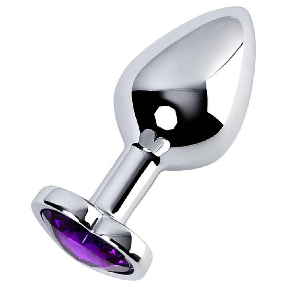 Серебристая анальная пробка 8см с фиолетовым кристаллом сердцем ToyFa Metal 717014-4