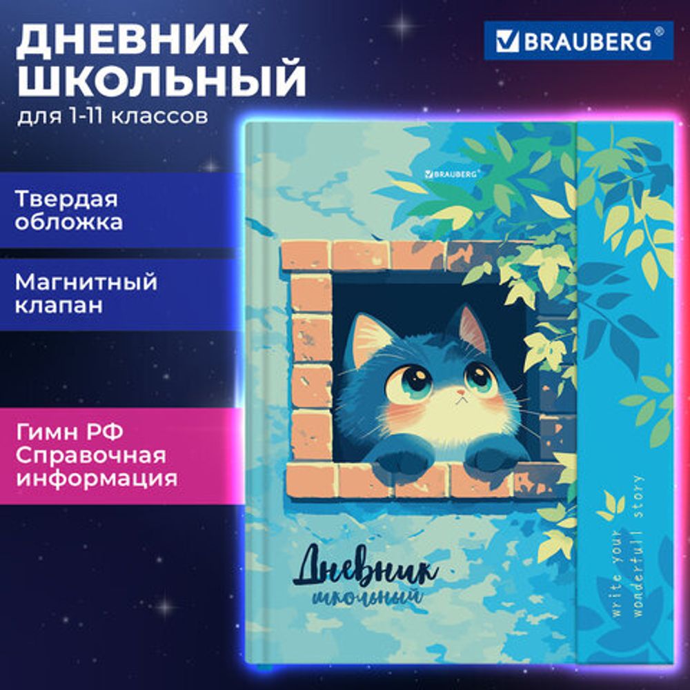 Дневник 1-11 класс 48 л., твердый, BRAUBERG, матовая ламинация, магнитный клапан, закладка-ляссе, с подсказом, "Котик", 107244