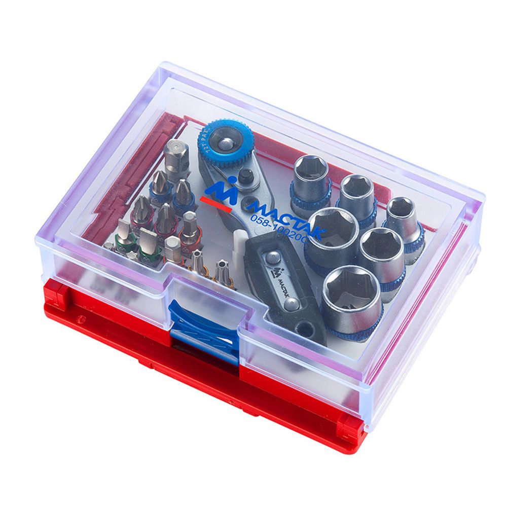 МАСТАК (058-10020C) Набор вставок (бит) 1/4", TORX, HEX, Pozidriv, Phillips, Slotted, 20 предметов