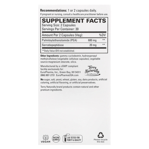 Terry Naturally, ПЭА для здоровой реакции на воспаление с серратиопептидазой, 60 капсул