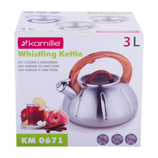 Чайник 3 л. из нержавеющей стали со свистком Kamille KM 0671 со стеклянной крышкой