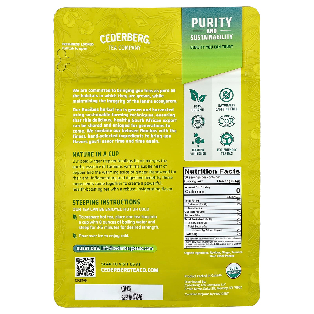 Cederberg Tea Co, ройбуш с имбирем, перцем и куркумой, без кофеина, 75 г (2,6 унции)