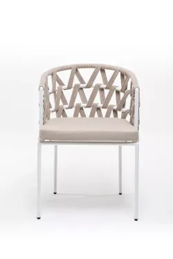 "Диего" стул плетеный из роупа, каркас из стали белый муар, роуп бежевый круглый, ткань бежевая 15052