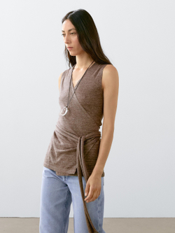 Massimo Dutti Двубортный трикотажный топ из смесовой льняной ткани, коричневый