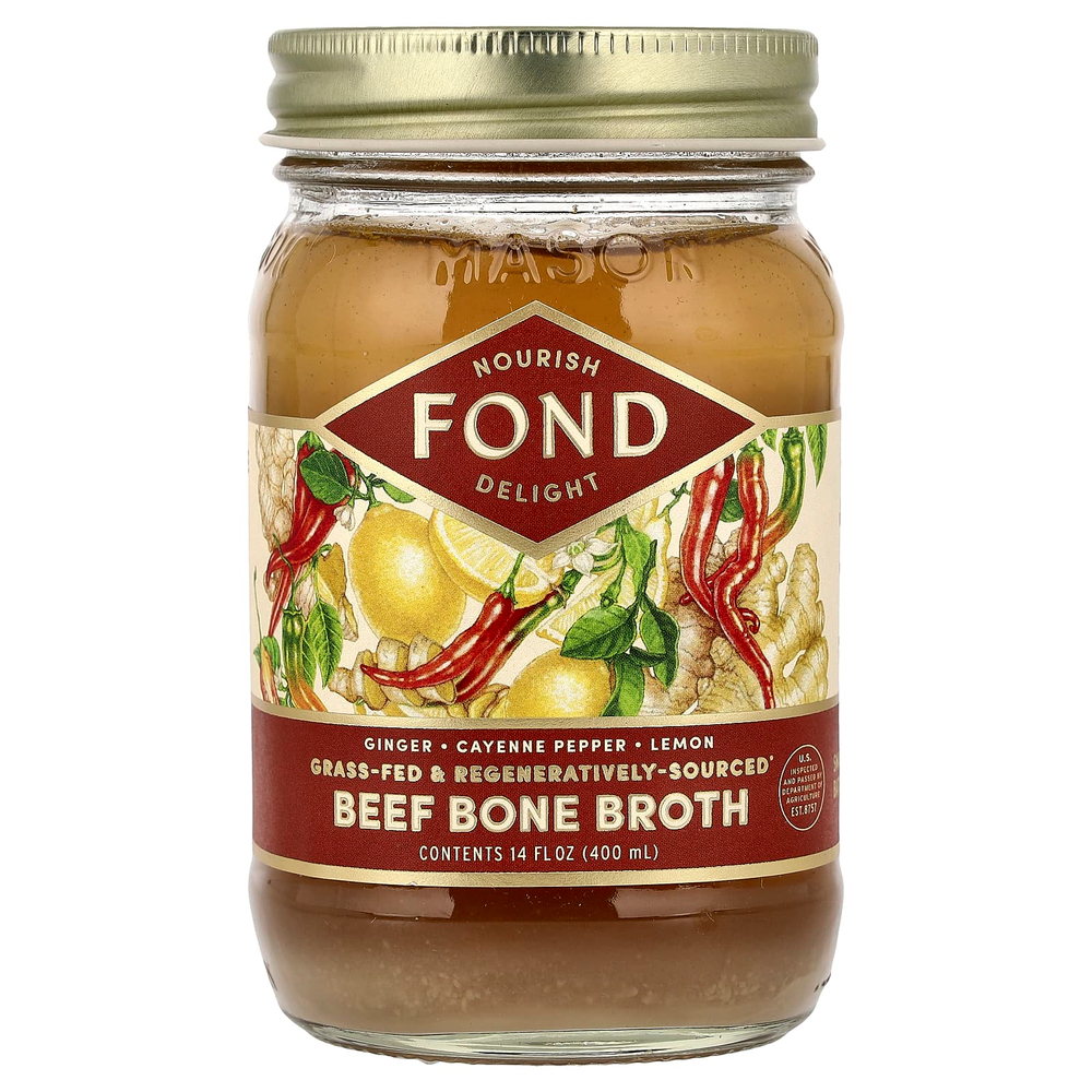 FOND Bone Broth, говяжий костный бульон, имбирь и кайенский перец, 400 мл (14 жидк. унций)