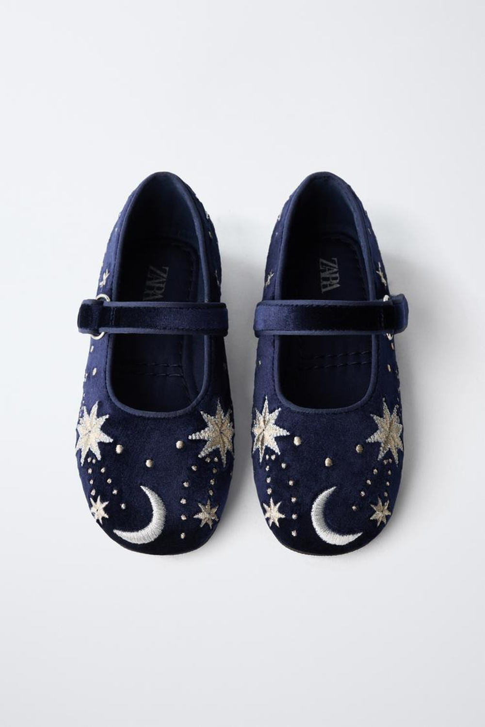 ZARA БАРХАТНЫЕ БАЛЕТКИ С ВЫШИВКОЙ, СИНИЙ