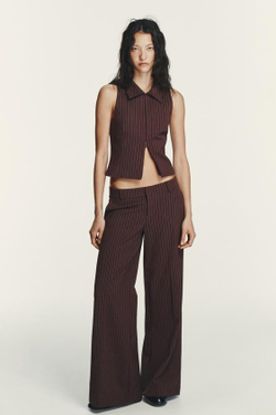 ZARA РАСКЛЕШЕННЫЕ БРЮКИ В ПОЛОСКУ С НИЗКОЙ ПОСАДКОЙ, КОРИЧНЕВЫЙ/ЭКРЮ