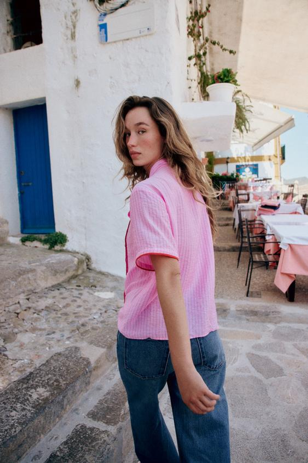 ZARA ТОП В ПОЛОСКУ С БАНТОМ, РОЗОВЫЙ