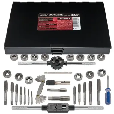 Набор метчиков и плашек 33пр.(метрич+дюйм)(М3х0.5,М4х0.7,М5х0.8,М6х1.0,М8х1.25,М10х1.5,М12х1.75,1/4,5/16,3/8,7/16,1/2,1/8-28,1/4-19) JBC JBC-M033-3
