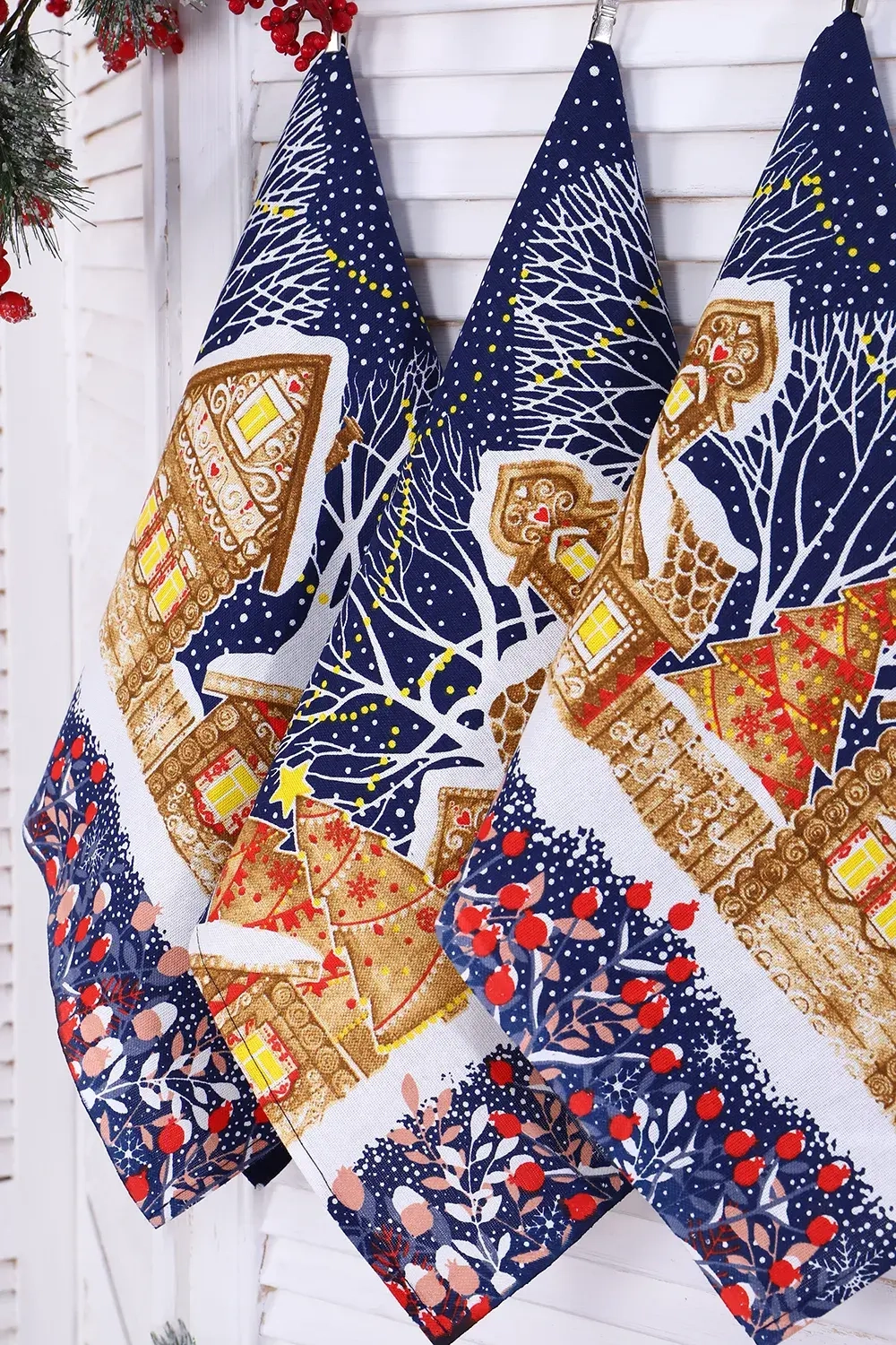 Рогожка ПОЛОТЕНЦЕ снегири темные ш.150*64