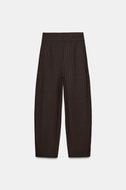 ZARA БРЮКИ BALLOON В ПОЛОСКУ С ЗАЩИПАМИ, КОРИЧНЕВЫЙ/ЭКРЮ
