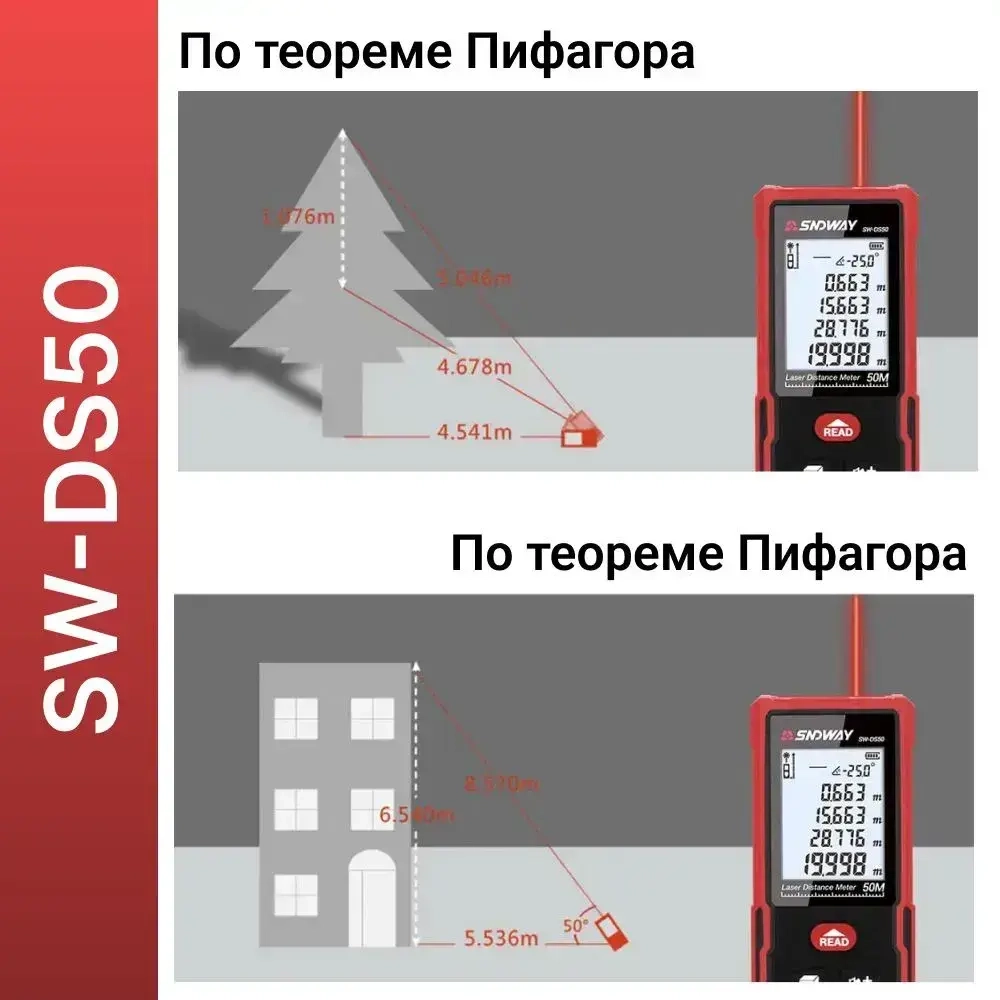 Дальномер лазерный SNDWAY SW-DS50, 50 метров, с функцией измерения угла