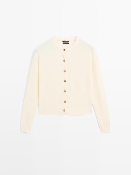 Massimo Dutti Кардиган из 100% шерсти с золотистыми пуговицами, натуральный/кремовый