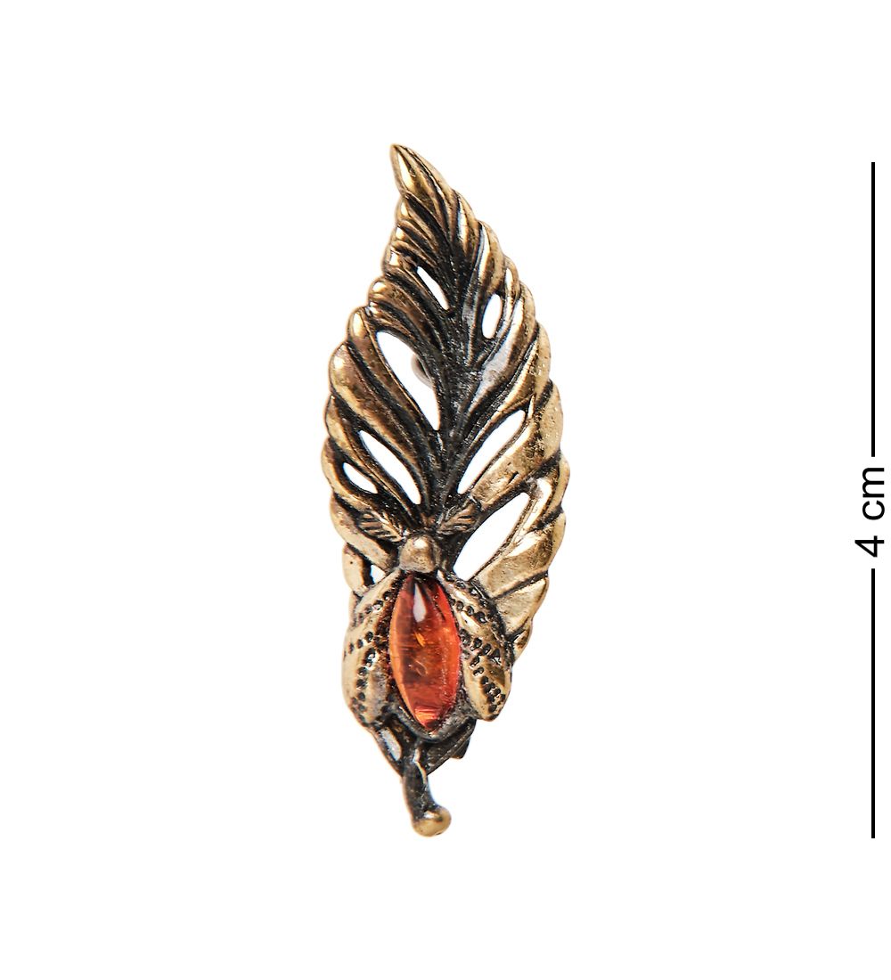 AM-2353 Брошь «Листик с божьей коровкой» (латунь, янтарь)