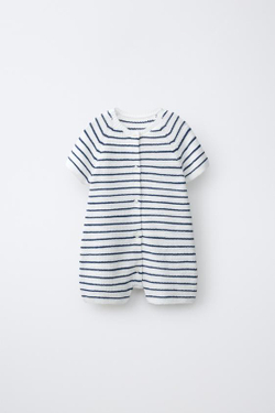 ZARA КОРОТКИЙ КОМБИНЕЗОН В ПОЛОСКУ, ЭКРЮ/СИНИЙ