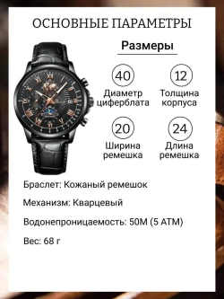 Часы наручные кварцевые POEDAGAR на кожаном ремешке, черный W9022160-05