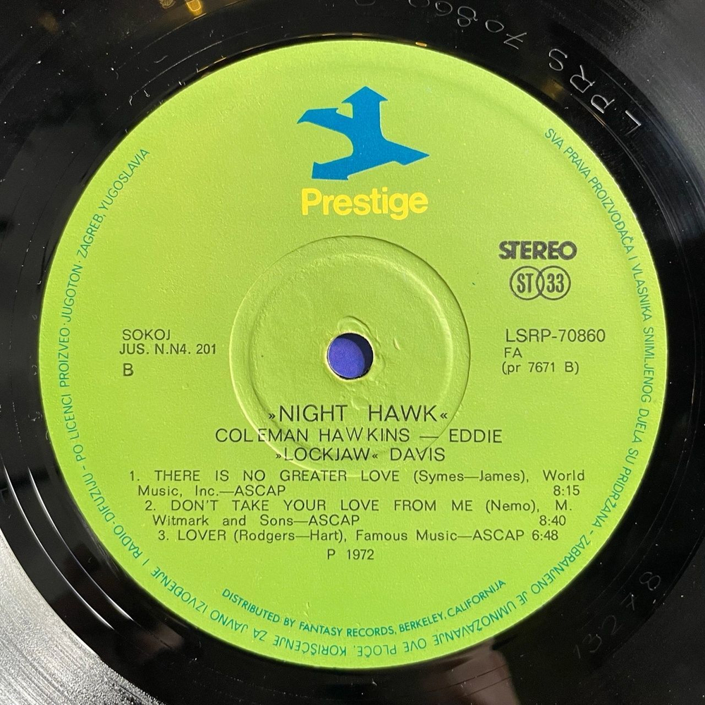 Винтажная виниловая пластинка LP Coleman Hawkins With Eddie Lockjaw Davis Night Hawk (Югославия 1980)