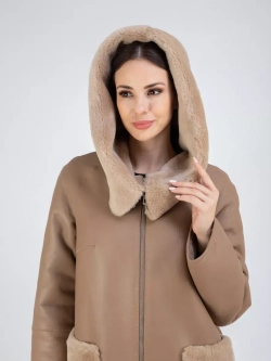 Дубленка натуральная с капюшоном длинная Турция