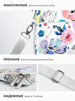 Сумка для ноутбука 13,3" и 14" с ремнем на плечо и большим карманом спереди (Цветочки на белом)