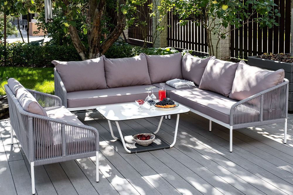 "Канны" диван модульный плетеный из роупа, каркас алюминий белый, роуп светло-серый круглый, ткань светло-серая