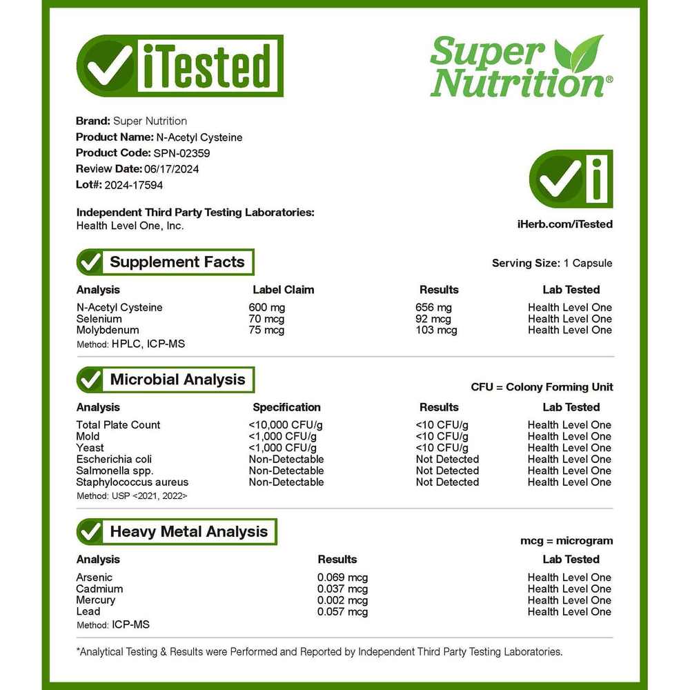Super Nutrition, N-ацетилцистеин, 600 мг, 120 растительных капсул