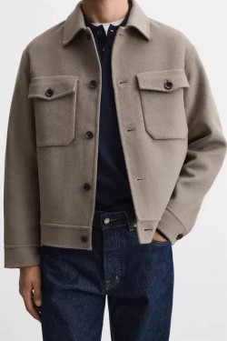 ZARA КУРТКА-РУБАШКА ИЗ СМЕСОВОЙ ШЕРСТИ, СЕРО-КОРИЧНЕВЫЙ