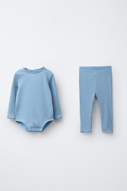 ZARA КОМПЛЕКТ ИЗ БОДИ И ЛЕГИНСОВ С КРУЖЕВОМ, ВЫЦВЕТШИЙ СИНИЙ