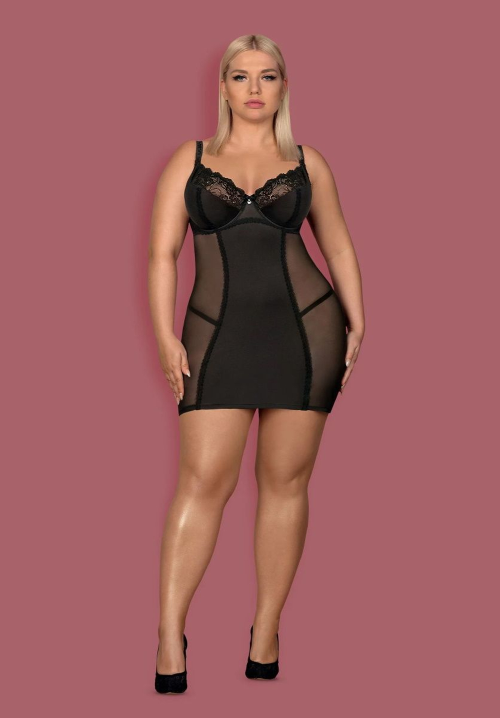 Облегающая сорочка Amallie с полупрозрачными вставками (Размер: XXL) (Цвет: черный)