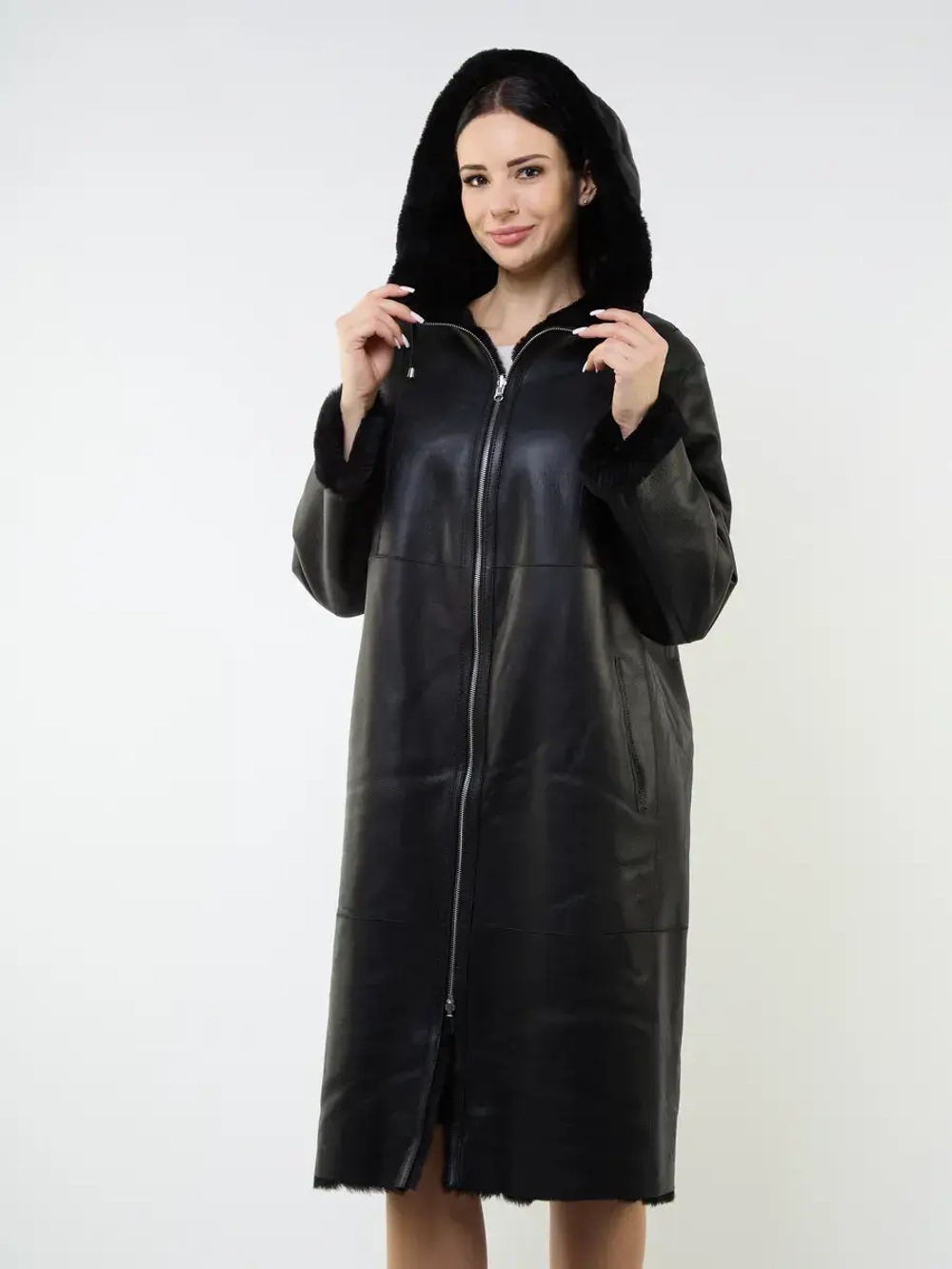 Дубленка зимняя двухсторонняя шуба с капюшоном