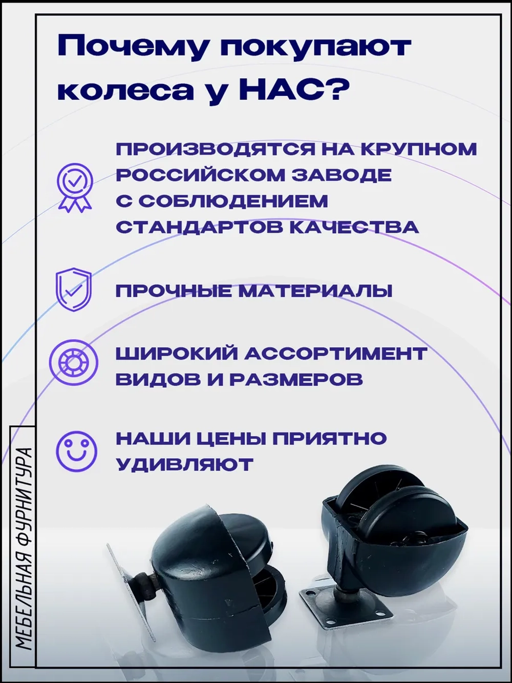 Колесо мебельное БРОНЕВИК поворотное D50мм с площадкой, 4 шт