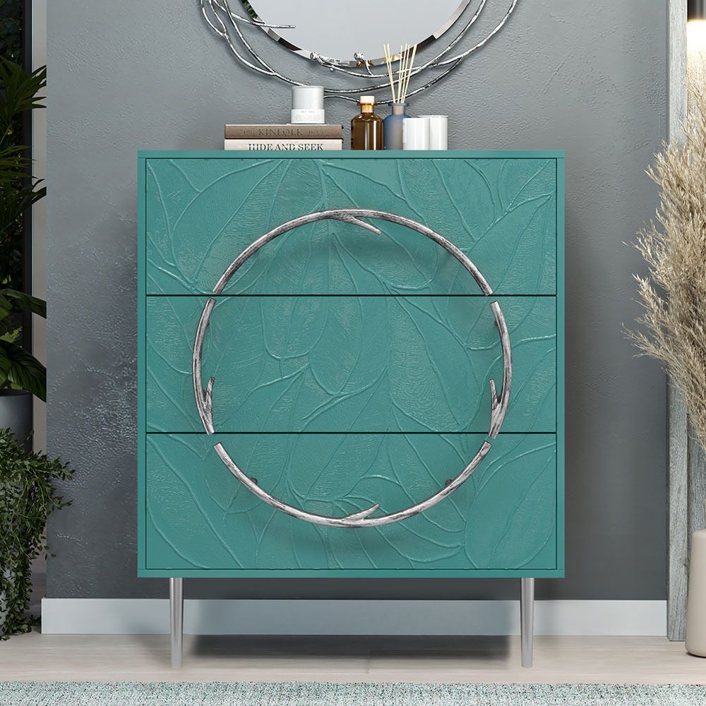 Комод Арт Колор leaves с 3-мя ящиками Стайл Сильвер Пастельно-синий