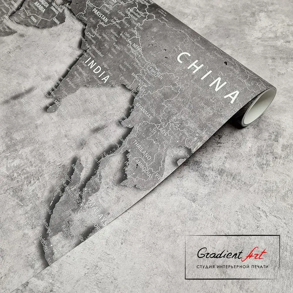 Фотообои карта мира бетон лофт "Карта мира" 315см x 270см флизелин премиум моющиеся GradientArt WM2B315270G