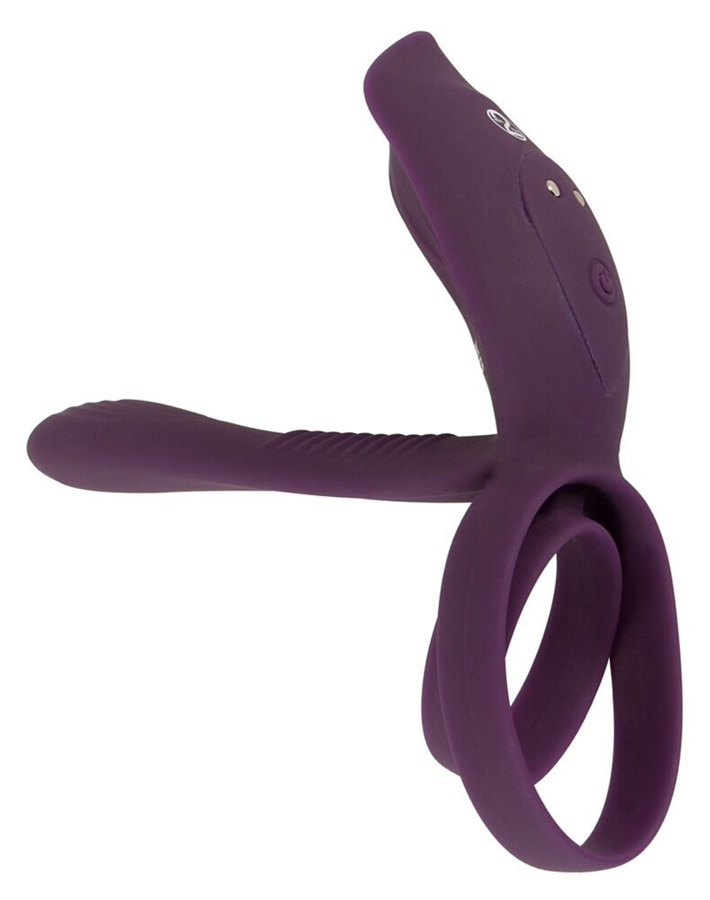 Фиолетовая насадка на член с клиторальным отростком и пультом ДУ RC Couple’s Vibrator 2 (Цвет: фиолетовый)