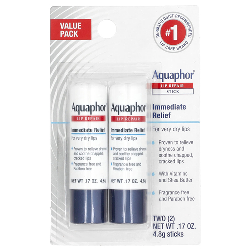 Aquaphor, стик для восстановления губ, мгновенное облегчение, 2 стика по 4,8 г (0,17 унции)