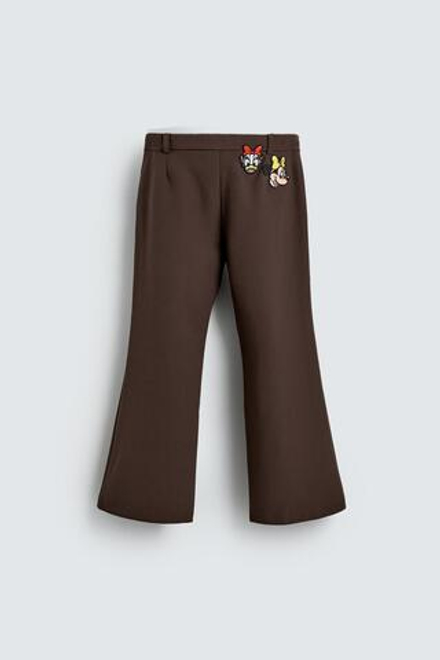 ZARA X DISNEY БРЮКИ КЛЕШ С НАШИВКАМИ, КОРИЧНЕВЫЙ