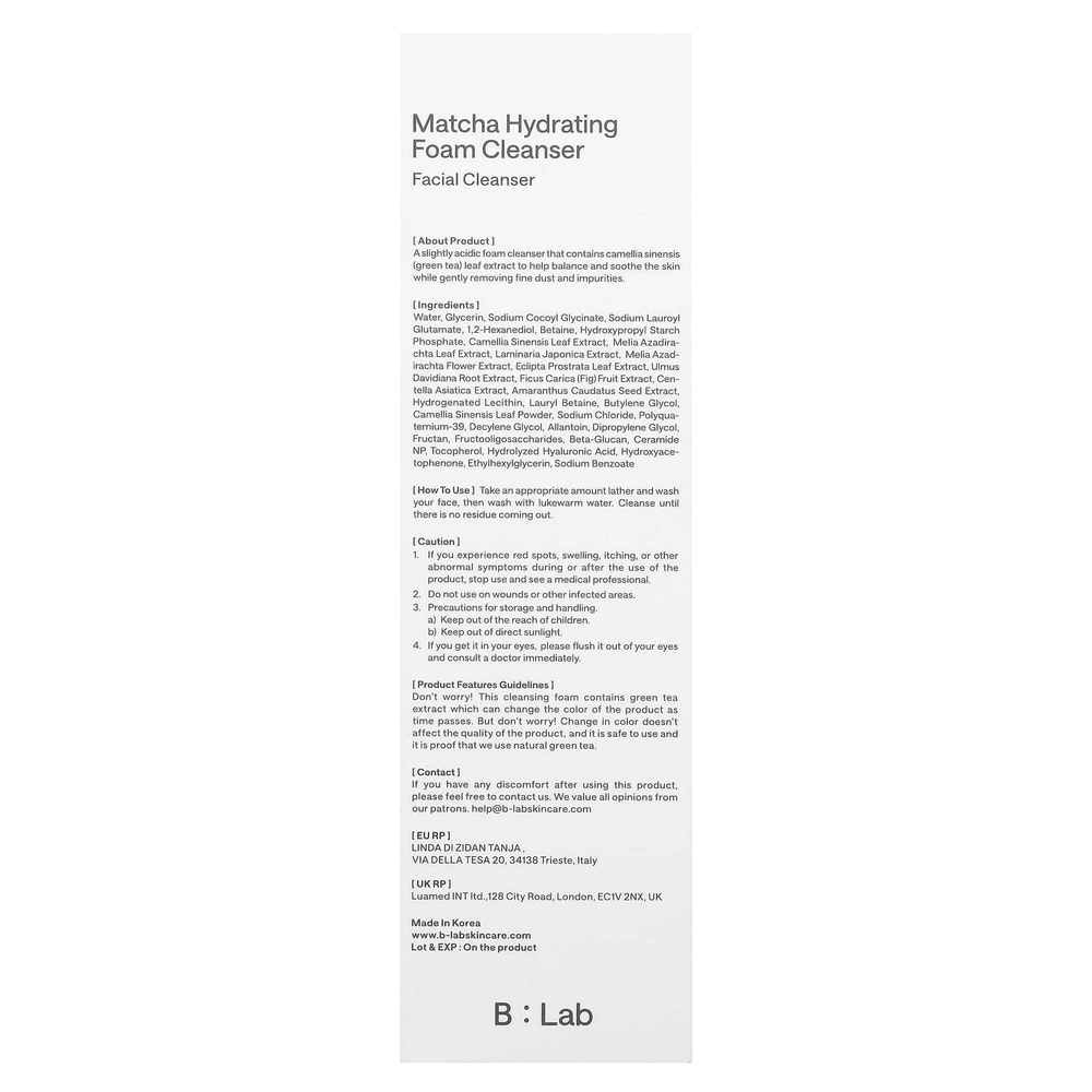B_Lab, Perfect Balance, увлажняющая очищающая пенка с матча, 120 мл (4,1 жидк. Унции)