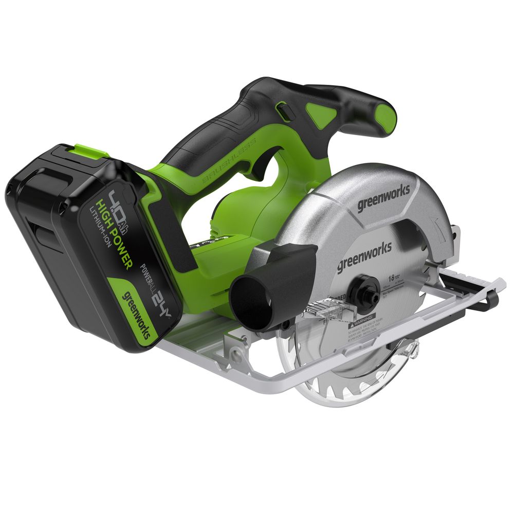 Дисковая пила акк. Greenworks GD24CS165, 24V,б/щет,165х20мм, 4800 об/мин, рез 57мм,1х4Ач,ЗУ,кор (1501607CUB)