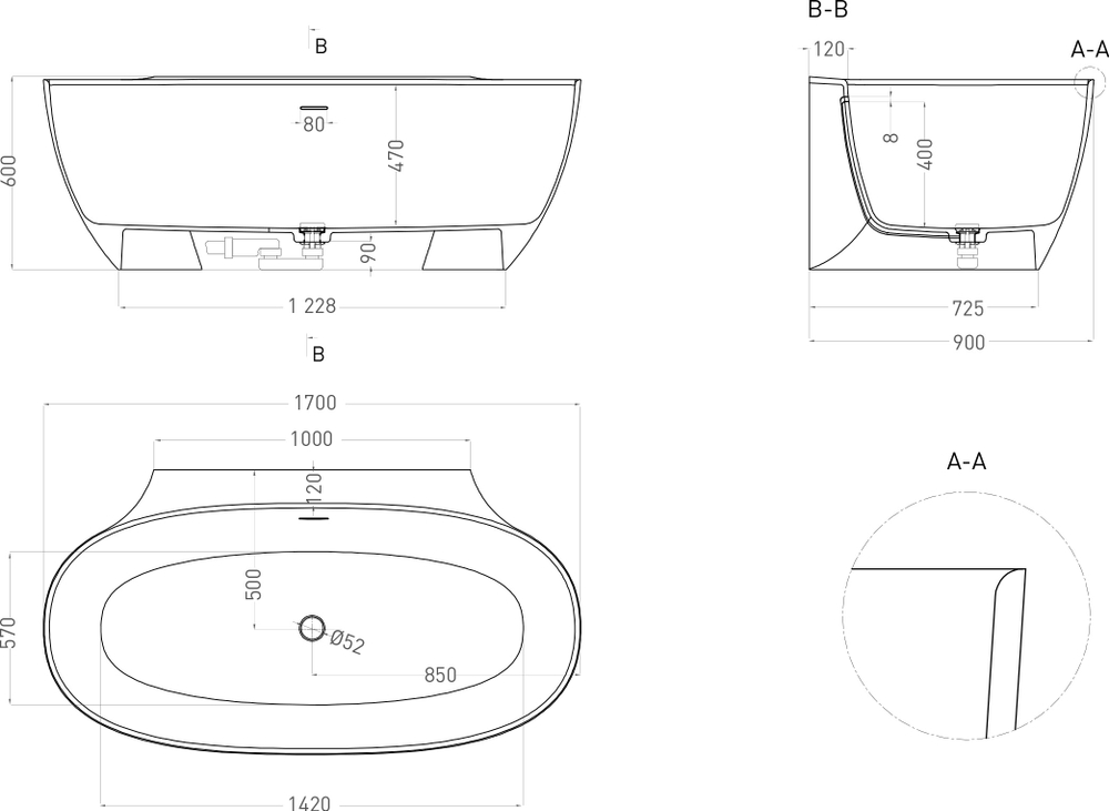 Ванна ALDA WALL 170 матовая покраска по RAL полностью