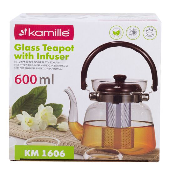 Заварочный чайник 600 мл. Kamille KM-1606 (стекло, нержавеющая сталь, пластик)