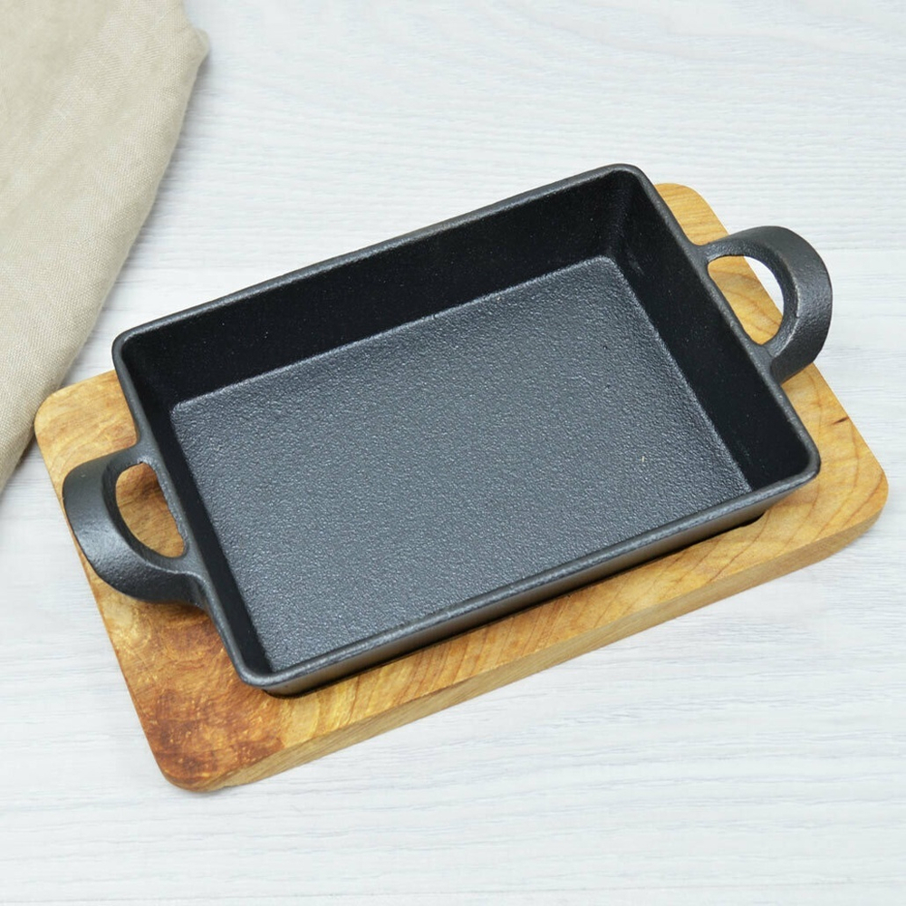 Сковорода 16*11,5см чугунная с деревянной подставкой МВ 26799