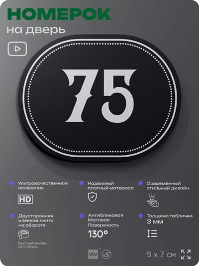 Номерок на дверь квартиры 75, для кабинета, офиса, шильдик 9 х 7 см, черный, Айдентика Технолоджи