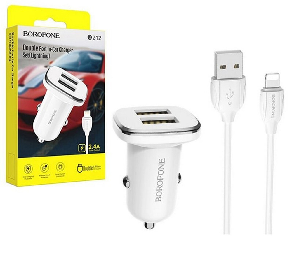 Автомобильный адаптер питания BOROFONE BZ12 2USB 2.4A + кабель Lightning (белый)