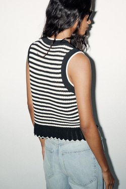 ZARA ТРИКОТАЖНЫЙ ТОП-ЖИЛЕТ В ПОЛОСКУ, ТЕМНО-СИНИЙ/БЕЛЫЙ