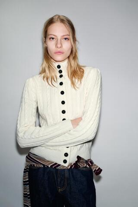 ZARА ВЯЗАНЫЙ КАРДИГАН С КОСАМИ, ЭКРЮ