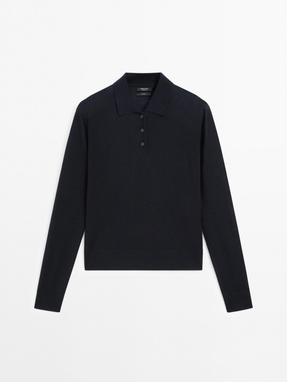 Massimo Dutti Свитер из 100% шерсти с воротником поло и пуговицами, темно-синий
