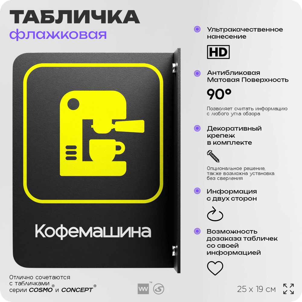 Табличка "Кофемашина" флажковая на стену, двусторонняя с крепежом, 19 х 25 см, для офиса, кафе, ресторана, серия COSMO, Айдентика Технолоджи