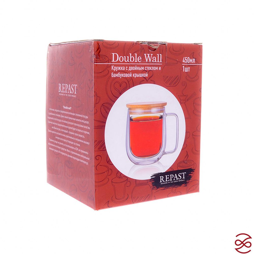 Кружка с двойным стеклом и бамбуковой крышкой Repast Double wall 450 мл
