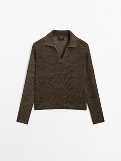 Massimo Dutti Свитер из 100% льна с воротником поло, зеленый